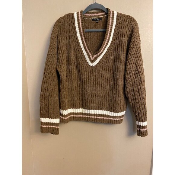 Love Tree Sweater Women’s L Brown V-Neck Ribbed Knit Striped Trim - Picture 1 of 13